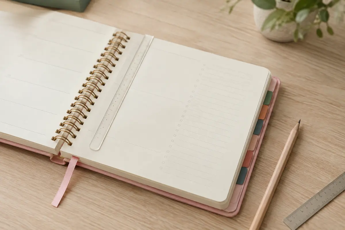 Agenda journalier à spirale rose clair ouvert sur des pages ivoire, avec règle signet et onglets mensuels.