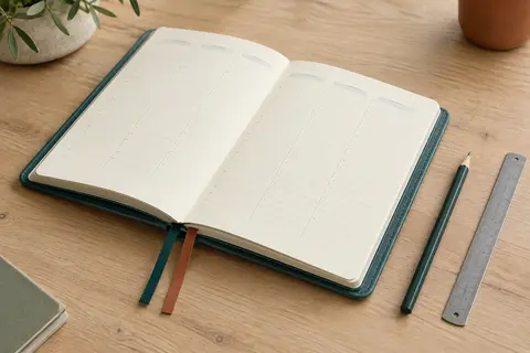 Agenda semainier à couverture souple vert Pacifique, ouvert sur des pages ivoire à grille verticale