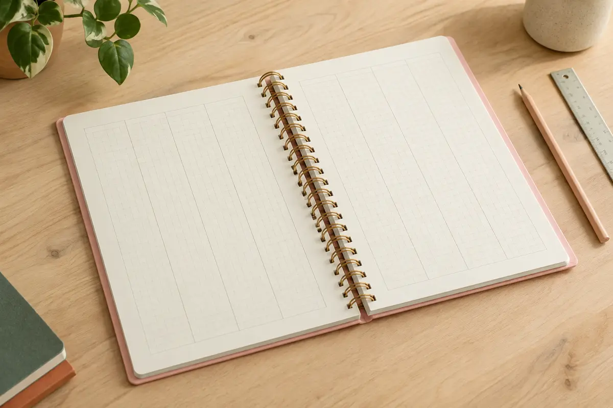 Agenda semainier à couverture rose et reliure spirale, ouvert sur des pages ivoire à mise en page verticale.