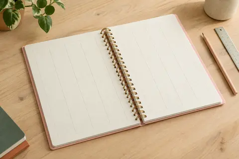 Agenda semainier à couverture rose et reliure spirale, ouvert sur des pages ivoire à mise en page verticale.