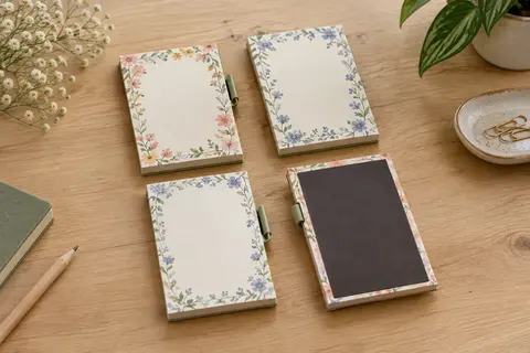 Quatre blocs-notes magnétiques à bordures florales et feuilles détachables, posés sur une table en bois clair.