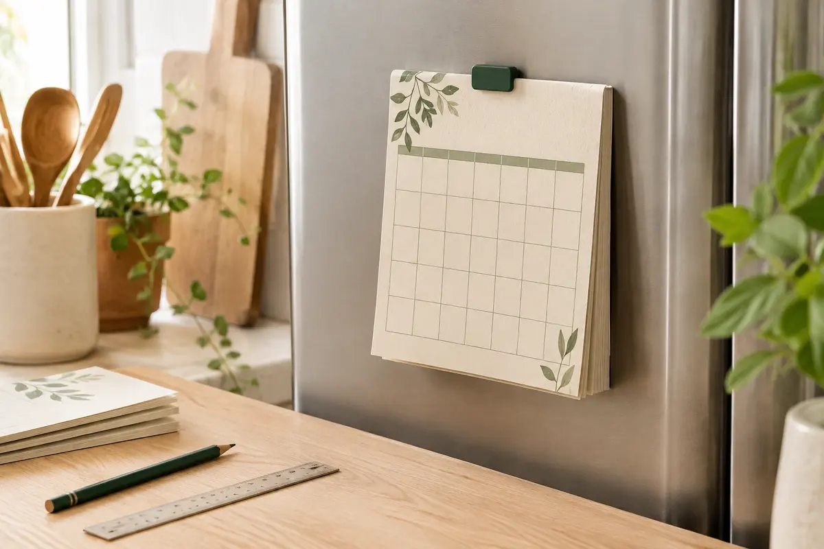 Calendrier mensuel magnétique Qupuce à décor végétal, affiché sur une surface de réfrigérateur.