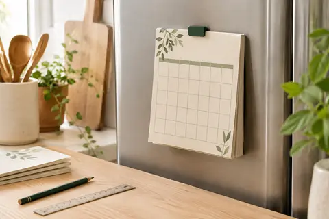 Calendrier mensuel magnétique Qupuce à décor végétal, affiché sur une surface de réfrigérateur.