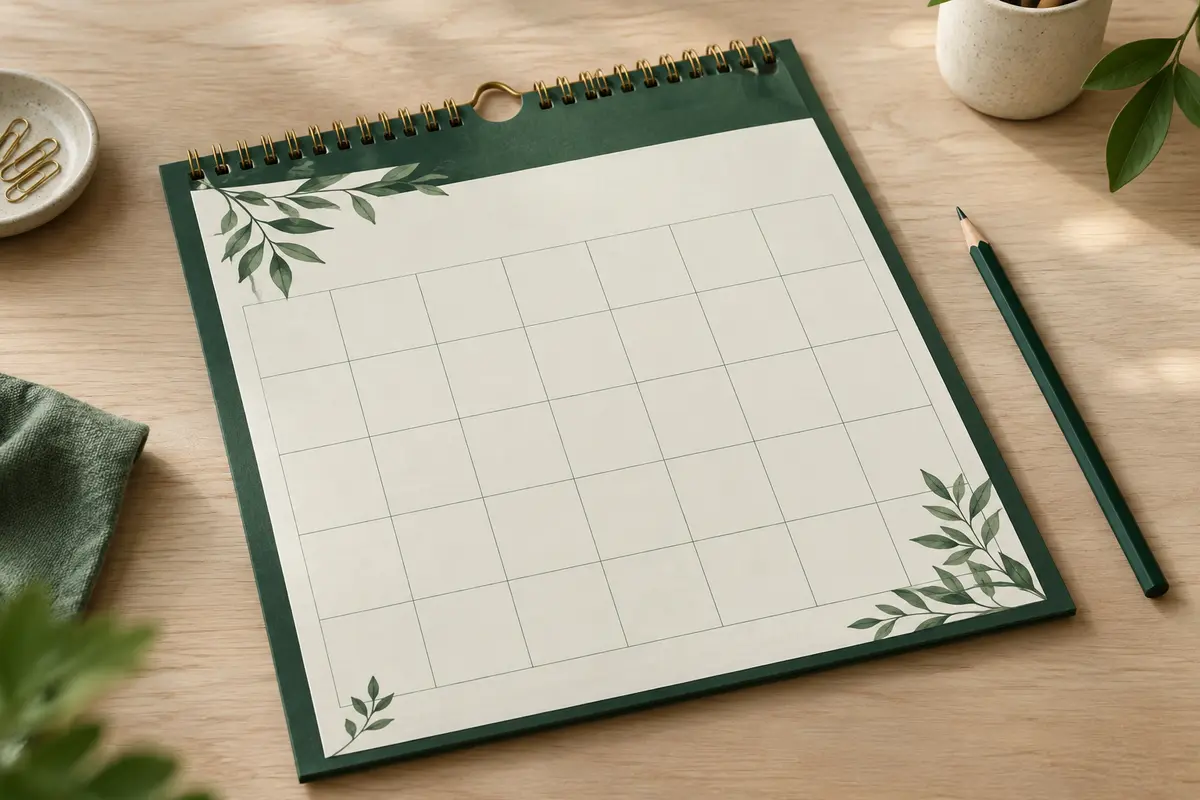Calendrier mural vert de 18 mois avec anneaux métalliques, présenté à plat sur une table en bois clair.