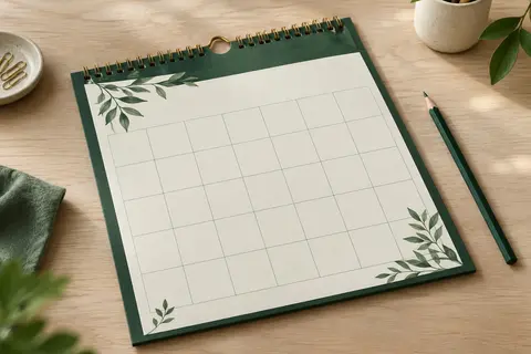 Calendrier mural vert de 18 mois avec anneaux métalliques, présenté à plat sur une table en bois clair.