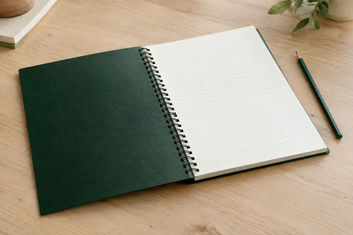 Cahier à spirales A4 ouvert, avec couverture rigide vert foncé et pages lignées sur une table en bois clair