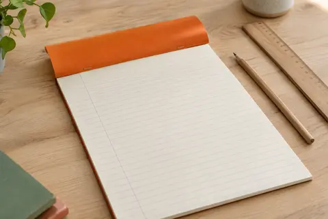 Bloc-notes agrafé orange ouvert, avec pages ivoire lignées et marge, posé sur une table en bois clair.