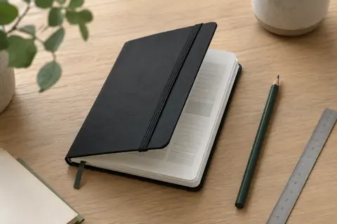 Carnet de mots de passe à couverture noire rigide, ouvert sur des pages structurées avec un élastique et un marque-page.