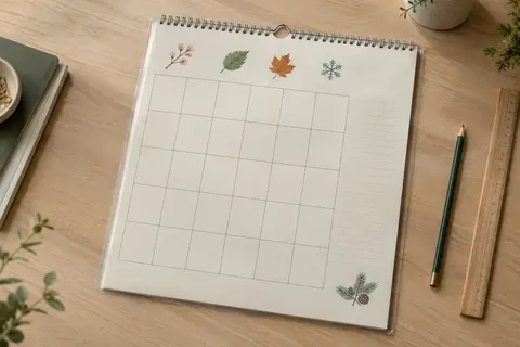 Calendrier mensuel à couverture transparente posé sur une table en bois clair avec un crayon.