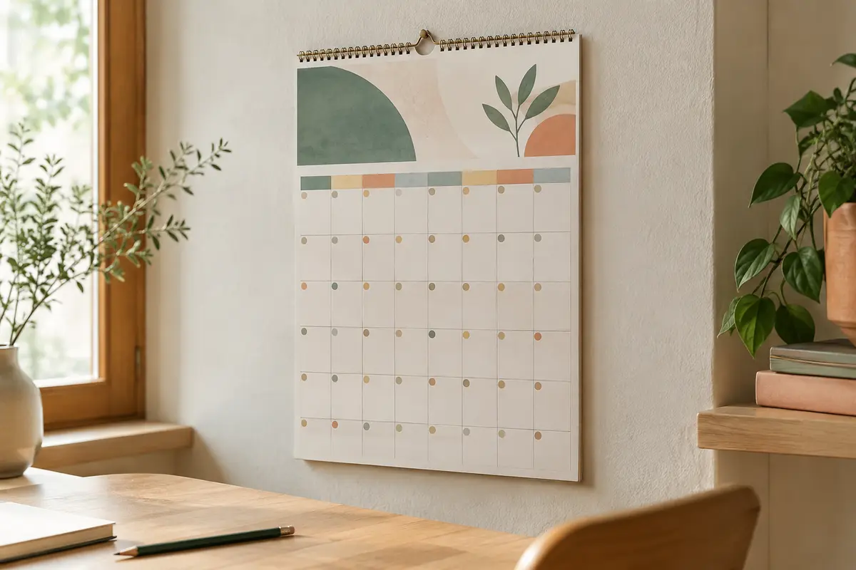 Calendrier mural mensuel coloré à spirale métallique, avec cases datées et espaces de notes.
