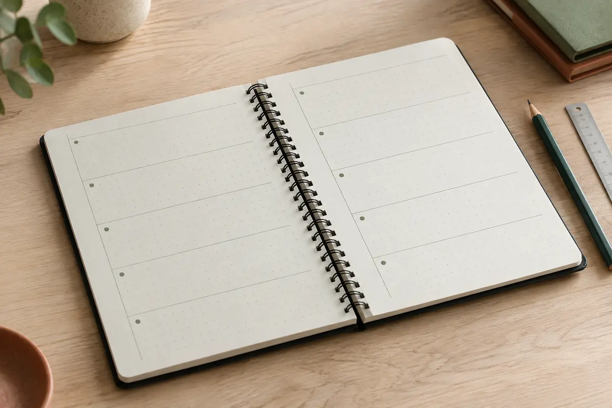 Semainier horizontal noir ouvert à plat, avec reliure à spirale et pages ivoire sur une table en bois clair.