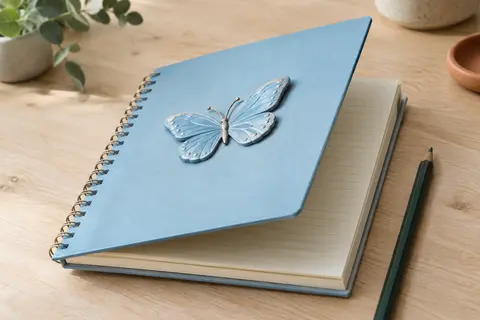 Cahier B5 à spirale bleu ciel ouvert, avec pages lignées et papillon en relief sur la couverture rigide.