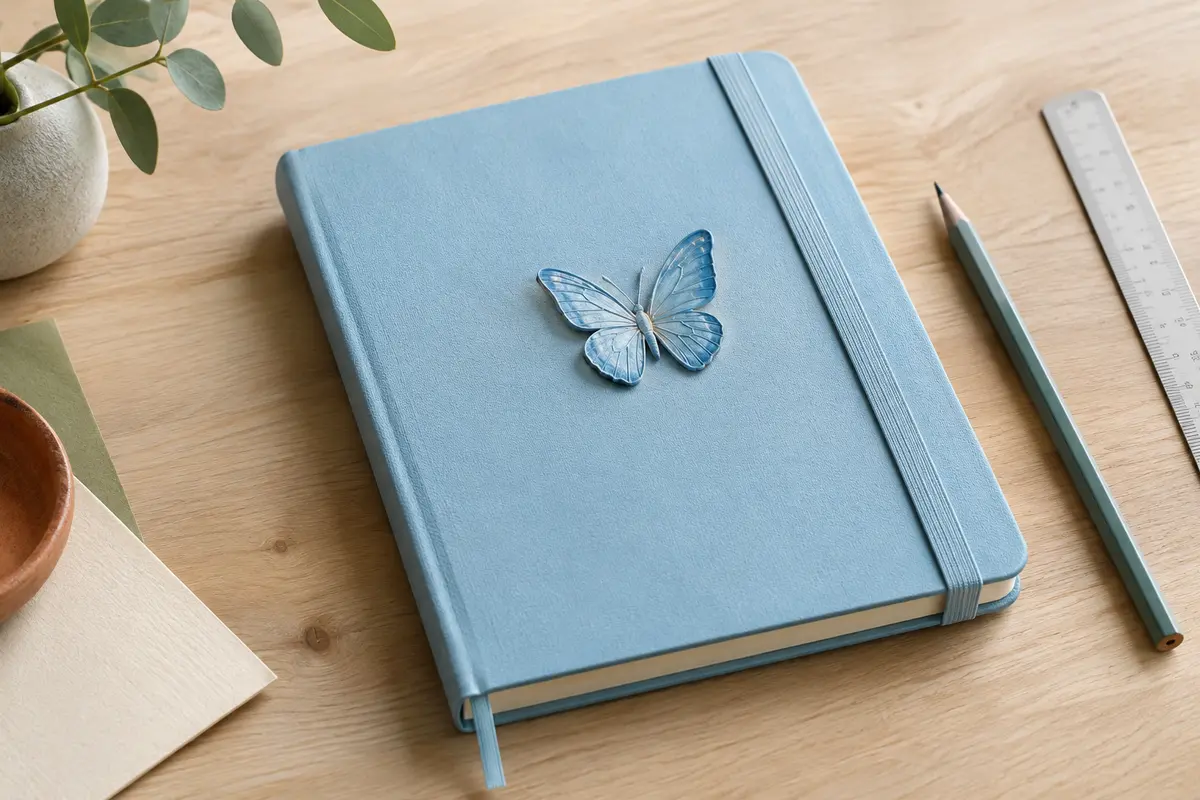 Carnet B5 bleu ciel à couverture rigide, orné d’un papillon en relief et fermé par un élastique.