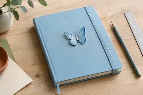 Carnet B5 bleu ciel à couverture rigide, orné d’un papillon en relief et fermé par un élastique.
