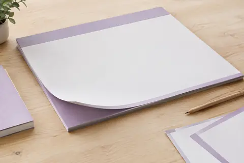 Sous-main papier lilas et blanc posé à plat sur une table en bois clair, avec un crayon à côté.