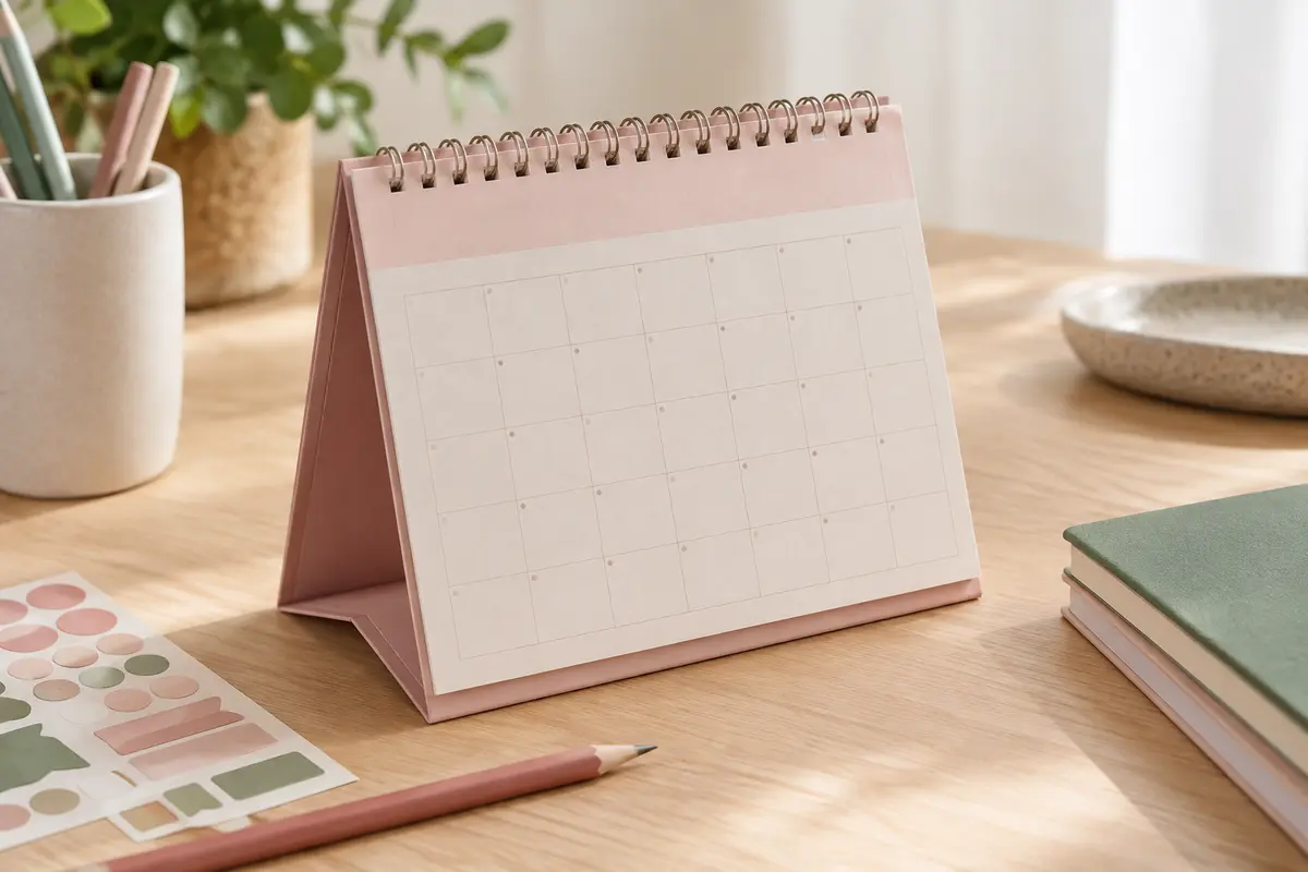 Calendrier de bureau rose ouvert sur sa vue mensuelle, avec support en A et reliure métallique