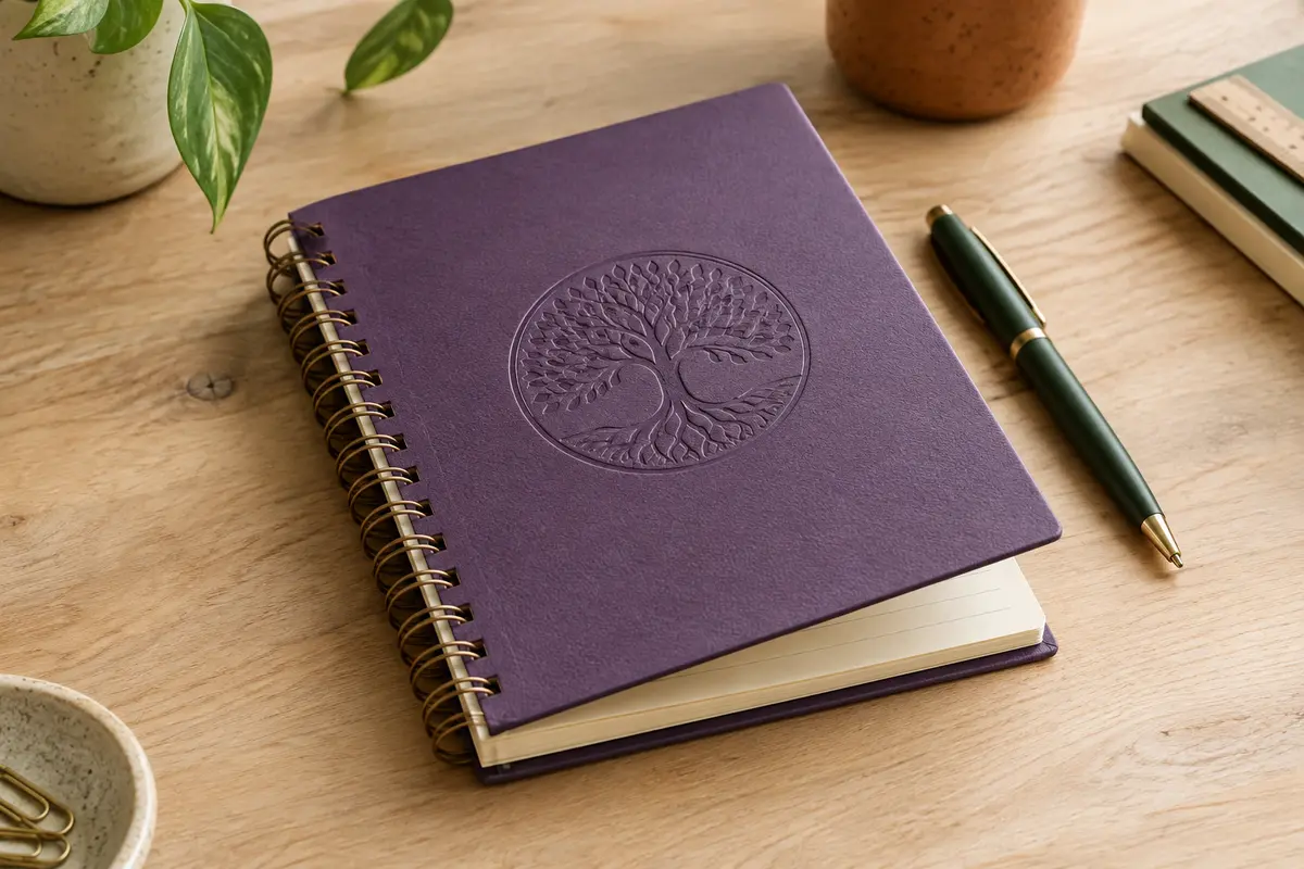 Carnet à spirale violet gaufré, ouvert sur des pages ivoire lignées avec un stylo sur une table claire.