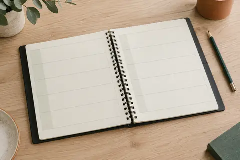 Agenda semainier A4 noir ouvert à plat, avec reliure spirale et pages ivoire sur une table en bois clair