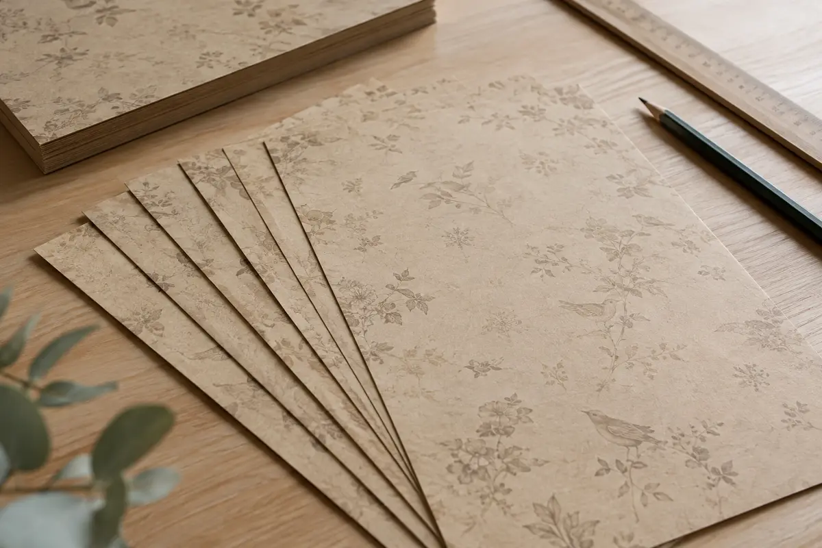 Feuilles A4 de papier à lettres vintage marron imprimées recto verso, posées sur une table en bois clair.