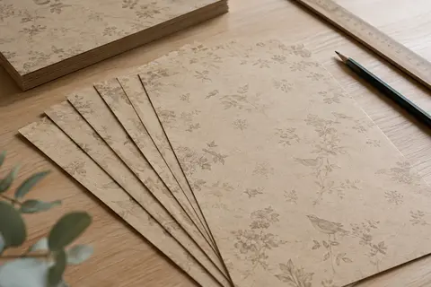 Feuilles A4 de papier à lettres vintage marron imprimées recto verso, posées sur une table en bois clair.
