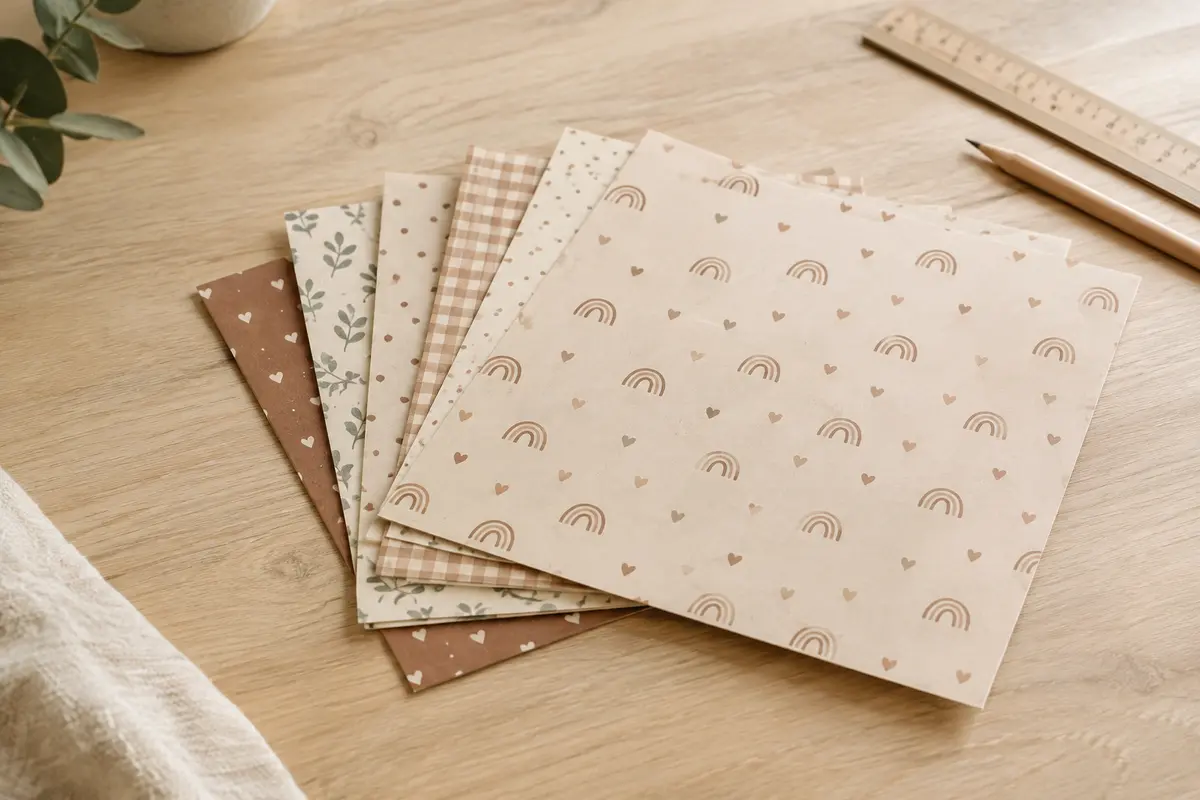 Bloc de papier scrapbooking Baby beige et brun, avec ses feuilles carrées posées sur une table en bois clair.