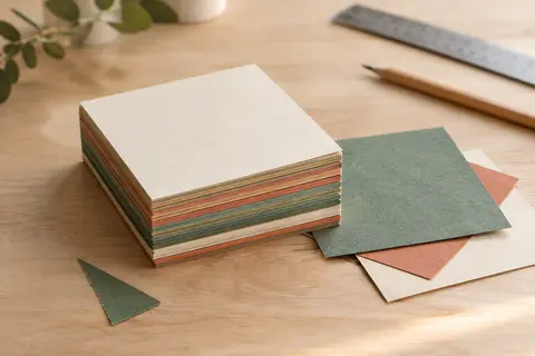 Bloc carré de papier scrapbooking multicolore double face posé sur une table en bois clair