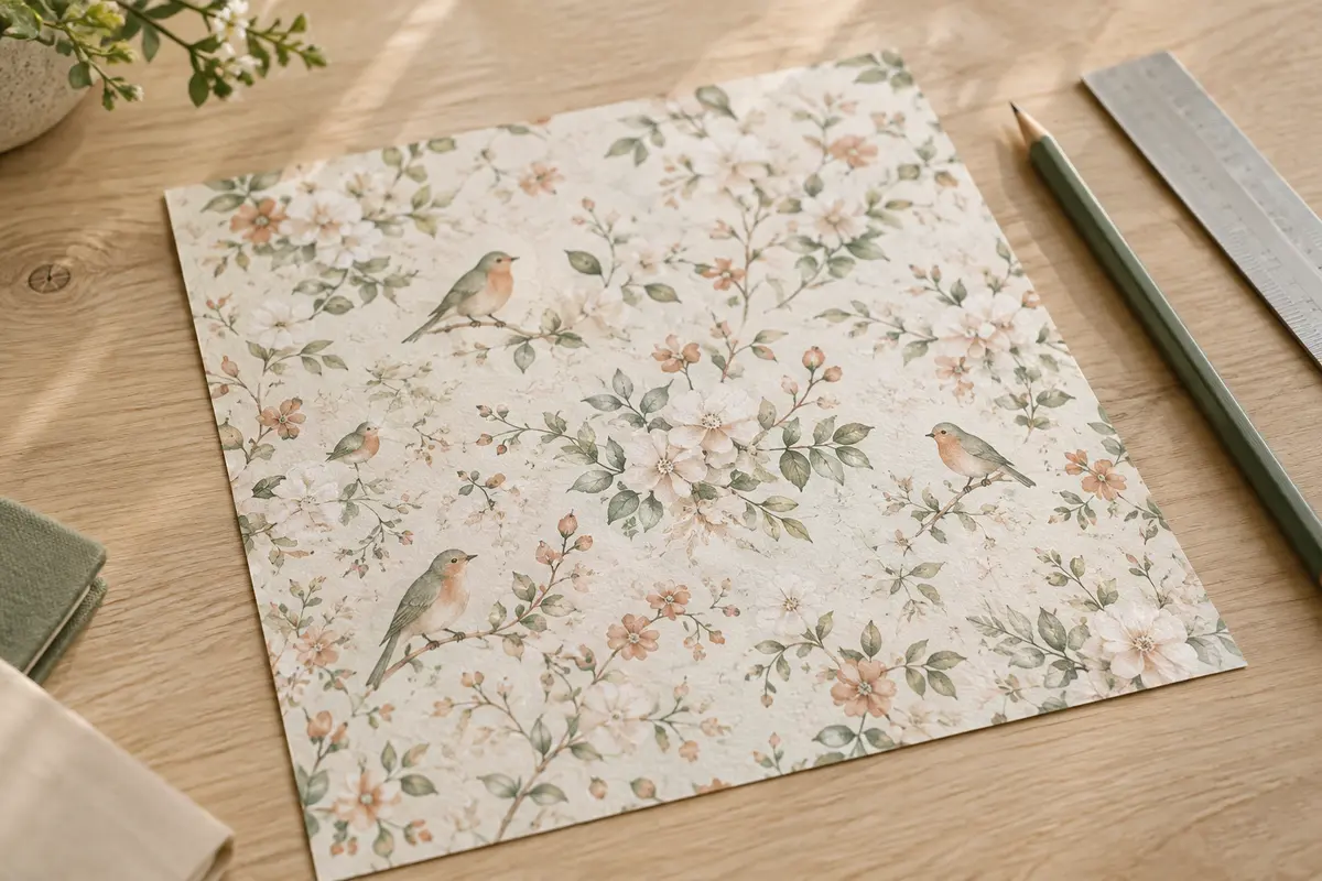 Feuille carrée de scrapbooking Stamperia aux motifs pastel de fleurs et d’oiseaux, posée sur une table en bois clair.