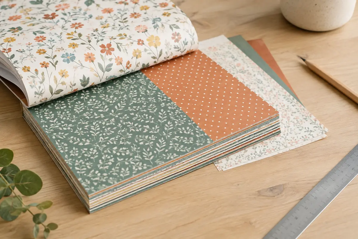 Bloc carré de papier scrapbooking multicolore imprimé recto verso, posé ouvert sur une table en bois clair.