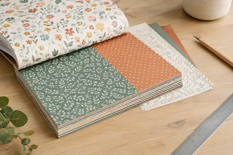 Bloc carré de papier scrapbooking multicolore imprimé recto verso, posé ouvert sur une table en bois clair.