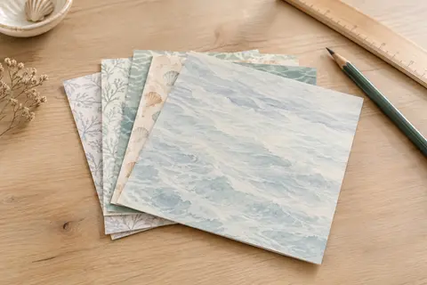 Bloc de papiers carrés Silent Sea aux tons marins doux, posé sur une table en bois clair.