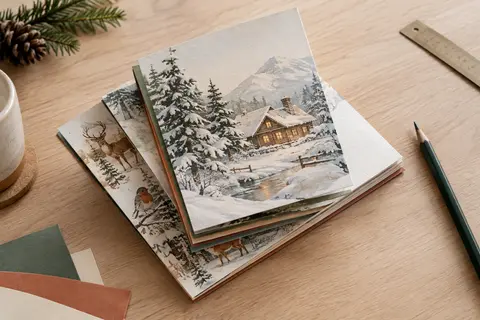 Bloc de papier carré illustré de motifs de forêt enneigée et d’animaux, posé sur une table en bois clair.