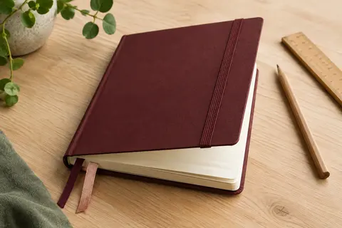 Carnet A5 à couverture rigide teinte baie, pages ivoire lignées, deux marque-pages et fermeture élastique.