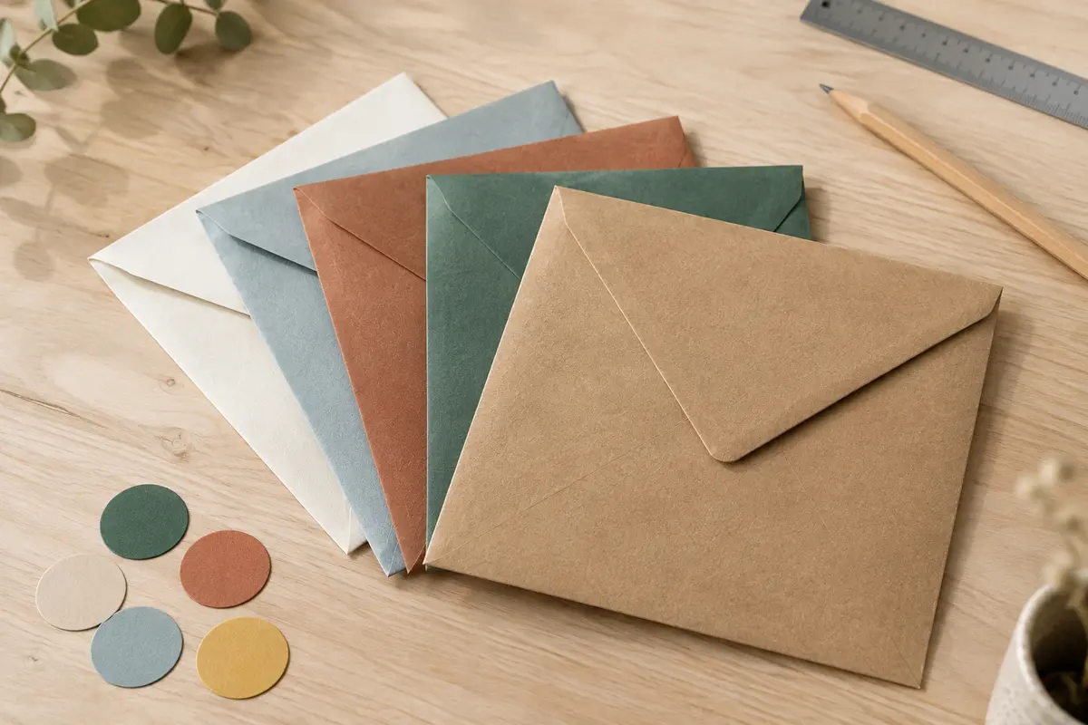 Enveloppes en papier kraft de plusieurs couleurs avec des autocollants, disposées sur une table en bois clair.