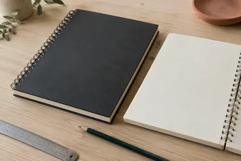 Carnet de dessin à spirale avec couverture noire rigide et papier épais posé sur une table en bois clair.