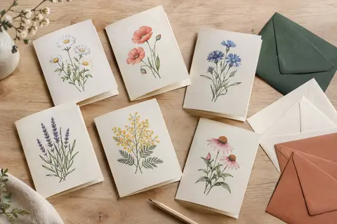 Cartes de vœux pliantes à motifs floraux et enveloppes disposées sur une table en bois clair.