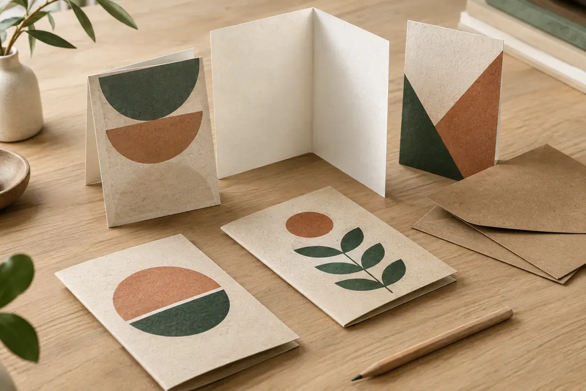 Cartes de vœux pliantes à motifs géométriques en tons terre, avec enveloppes kraft recyclées