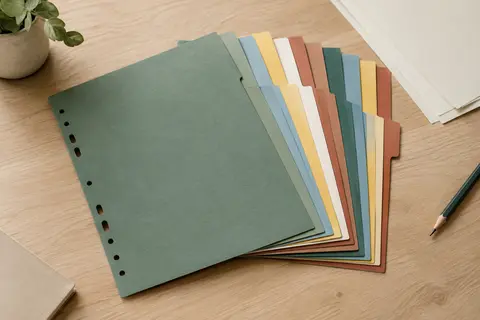 Douze intercalaires A4 en carton à onglets colorés, disposés près de feuilles et d’un crayon.