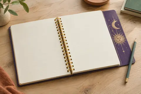 Cahier ligné violet à couverture rigide, ouvert sur ses pages ivoire avec une double spirale dorée.
