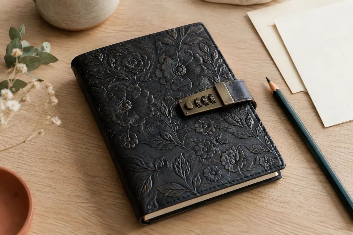 Carnet en cuir noir à motif floral en relief et serrure à combinaison bronze, posé sur une table claire.
