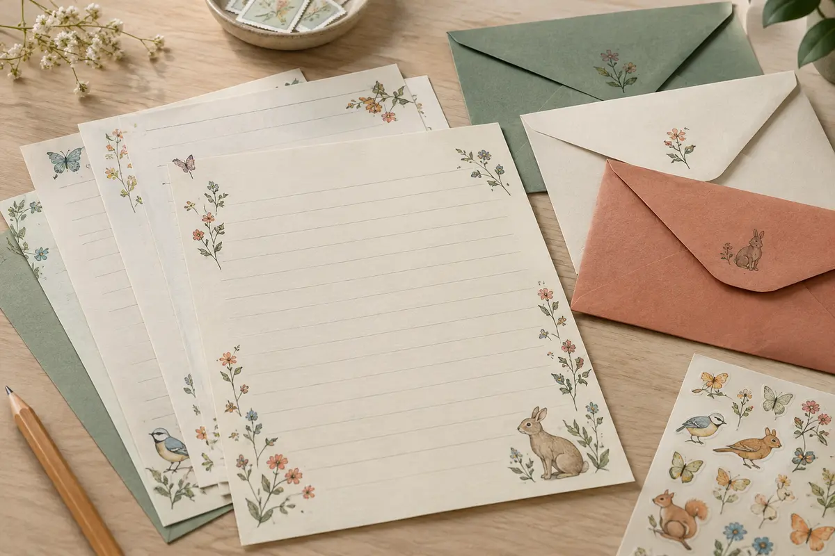 Feuilles de papier à lettres A5 lignées à motifs floraux et animaliers, enveloppes assorties et autocollants