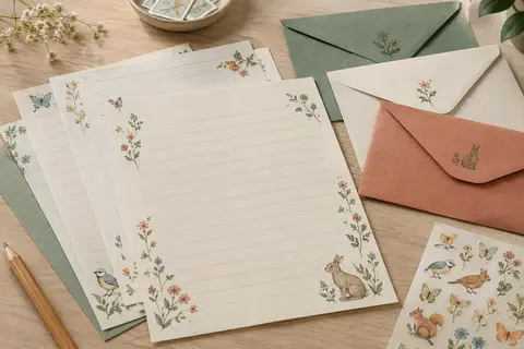Feuilles de papier à lettres A5 lignées à motifs floraux et animaliers, enveloppes assorties et autocollants