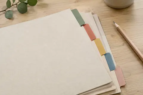 Intercalaires A4 en carton manille avec onglets vierges de cinq couleurs, disposés sur une table en bois clair.