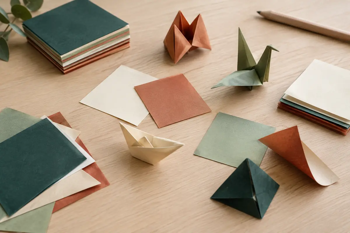 Carrés de papier origami multicolores empilés et pliés sur une table en bois clair.