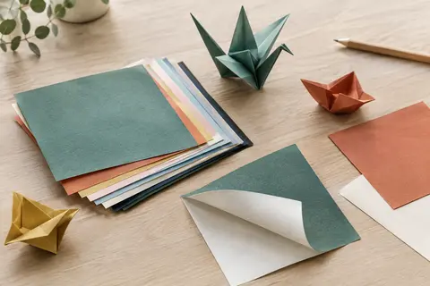 Feuilles carrées de papier origami coloré, avec quelques pliages posés sur une table en bois clair.
