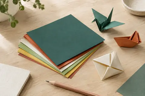 Feuilles carrées de papier origami coloré, empilées et pliées sur une table en bois clair.