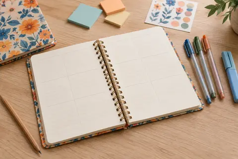 Semainier Uni-Ball spiralé ouvert avec stickers, notes repositionnables, rollers gel et surligneur bleu