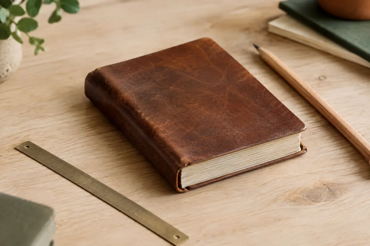 Carnet compact en cuir marron posé sur une table claire, avec un crayon et une règle.