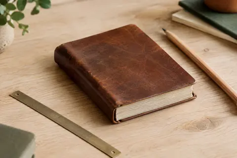 Carnet compact en cuir marron posé sur une table claire, avec un crayon et une règle.
