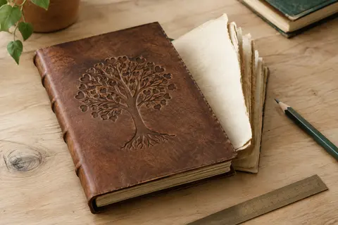 Carnet en cuir marron orné d’un arbre de vie, posé ouvert sur une table en bois clair.
