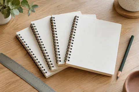 Quatre carnets de croquis blancs à spirale posés sur une table en bois clair avec un crayon graphite.